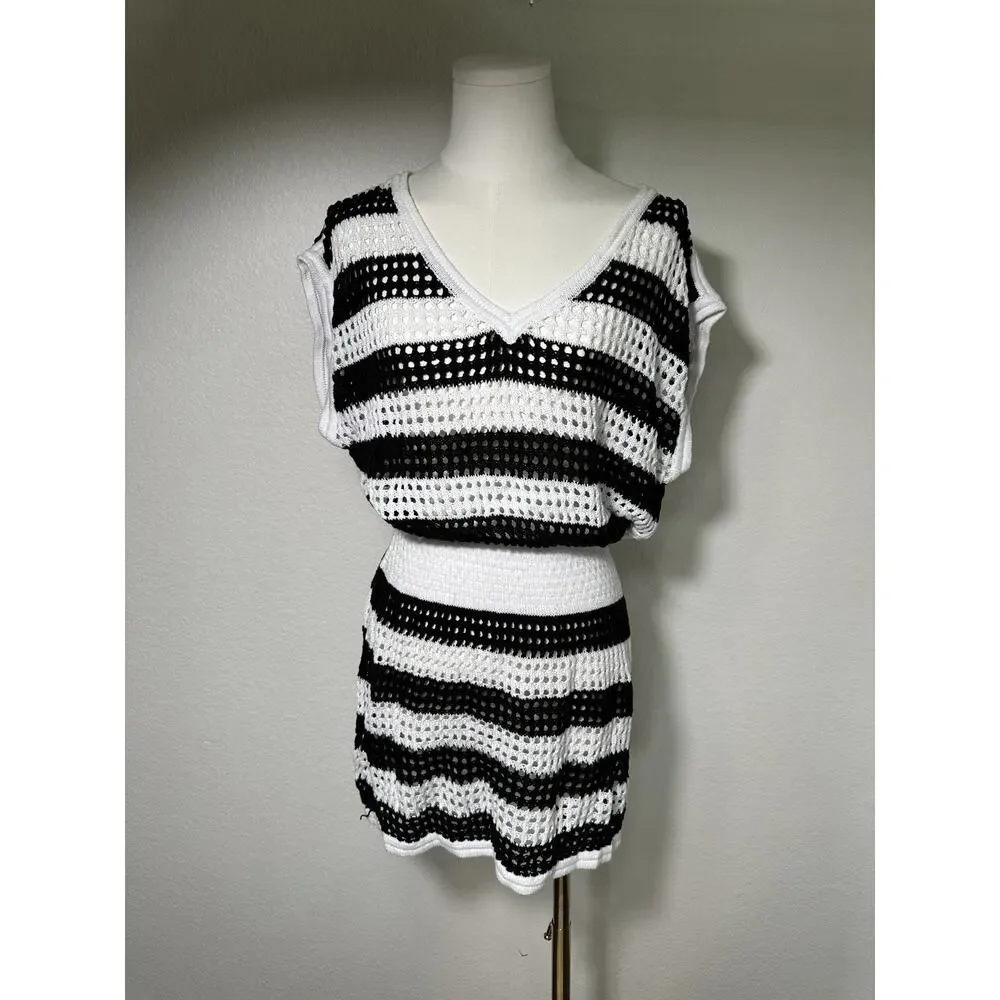 DKNY Beachwear Crochet Cover Up Dress Black White Striped Size S - Picture 2 of 6